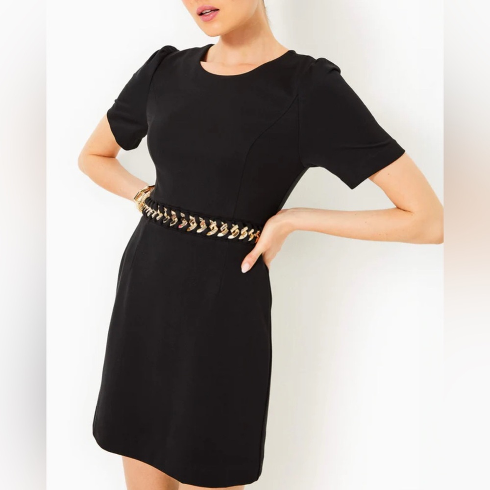 Lilly Pulitzer Elinor Shift Ponte Dress with Gold Chain Belt, black
